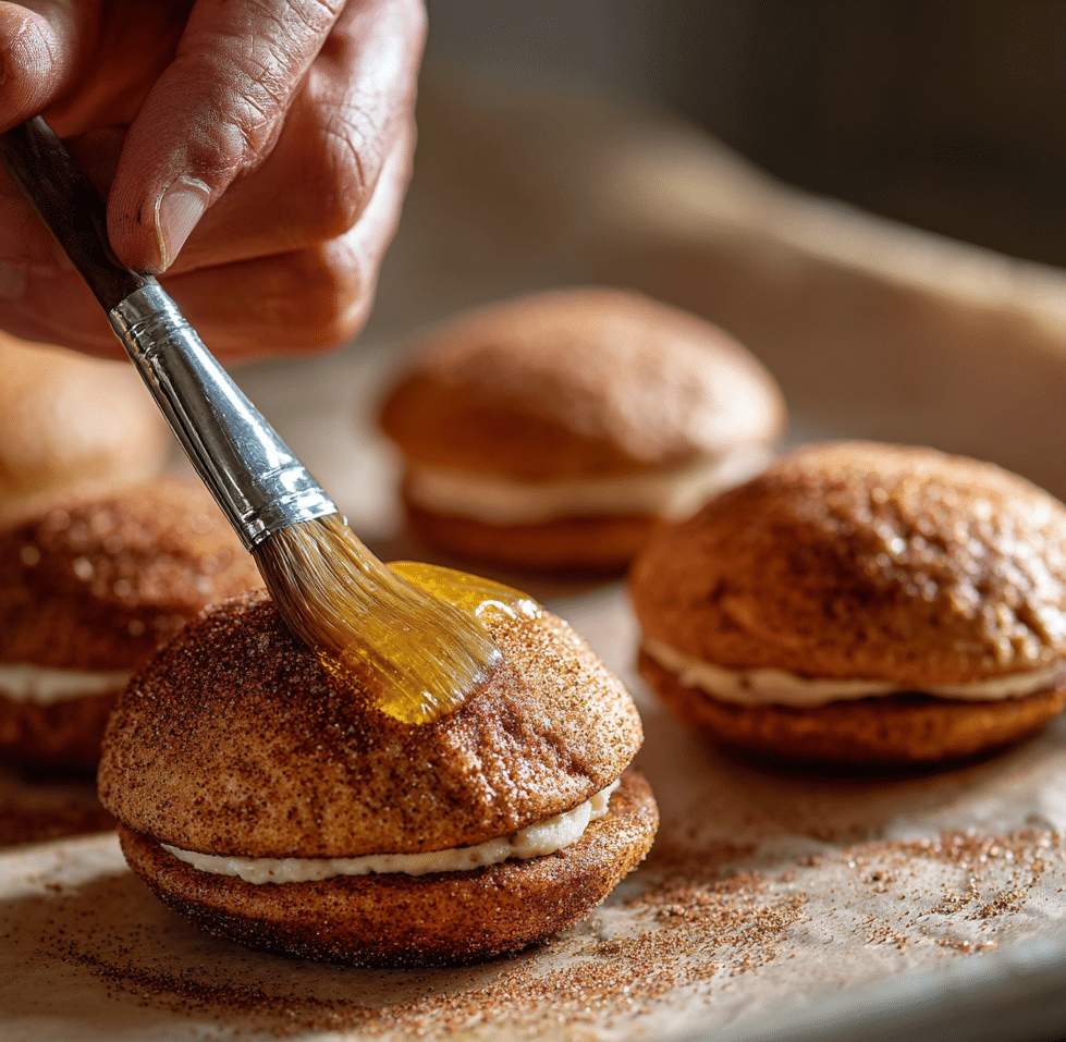 Coating apple cider whoopie pie cookies with cinnamon sugar