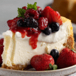 Classic cream cheese cake with graham cracker crust and smooth vanilla filling, styled on a rustic wooden table in warm natural light.