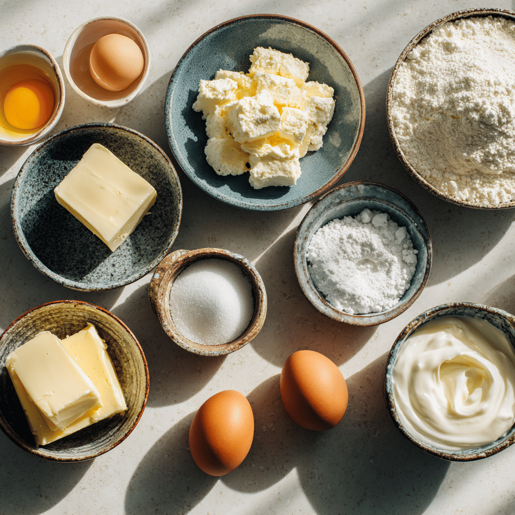 Top-down flat lay of cream cheese cake ingredients in ceramic bowls with morning light.